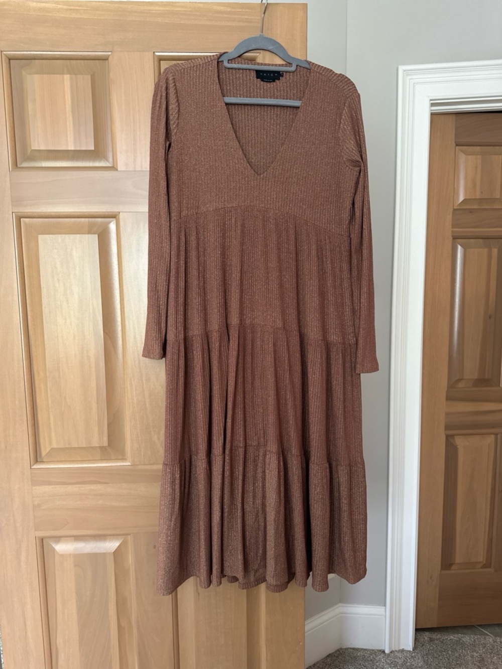 Hatch Copper Brown Long-Sleeve Tiered V-Neck Dress